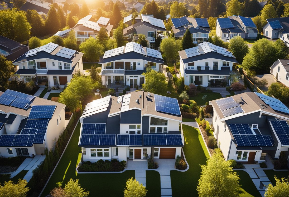 Several suburb homes with large solar panels on their roofs