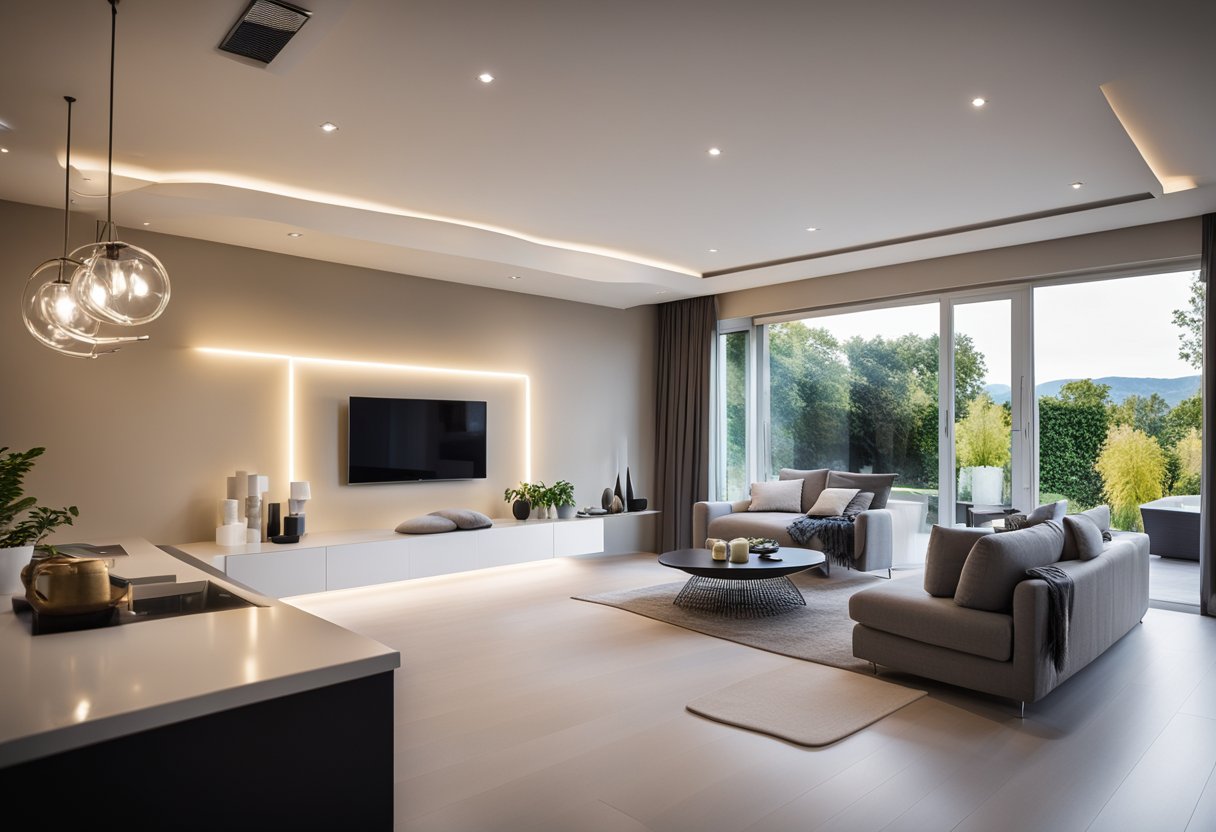 A white living room with a large TV