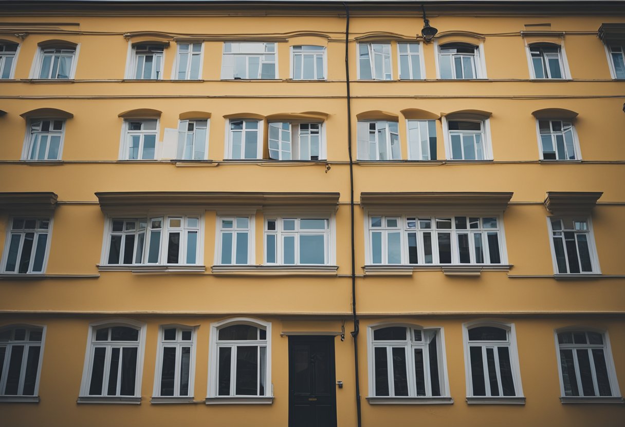 A yellow facade of a building with a lot of windows