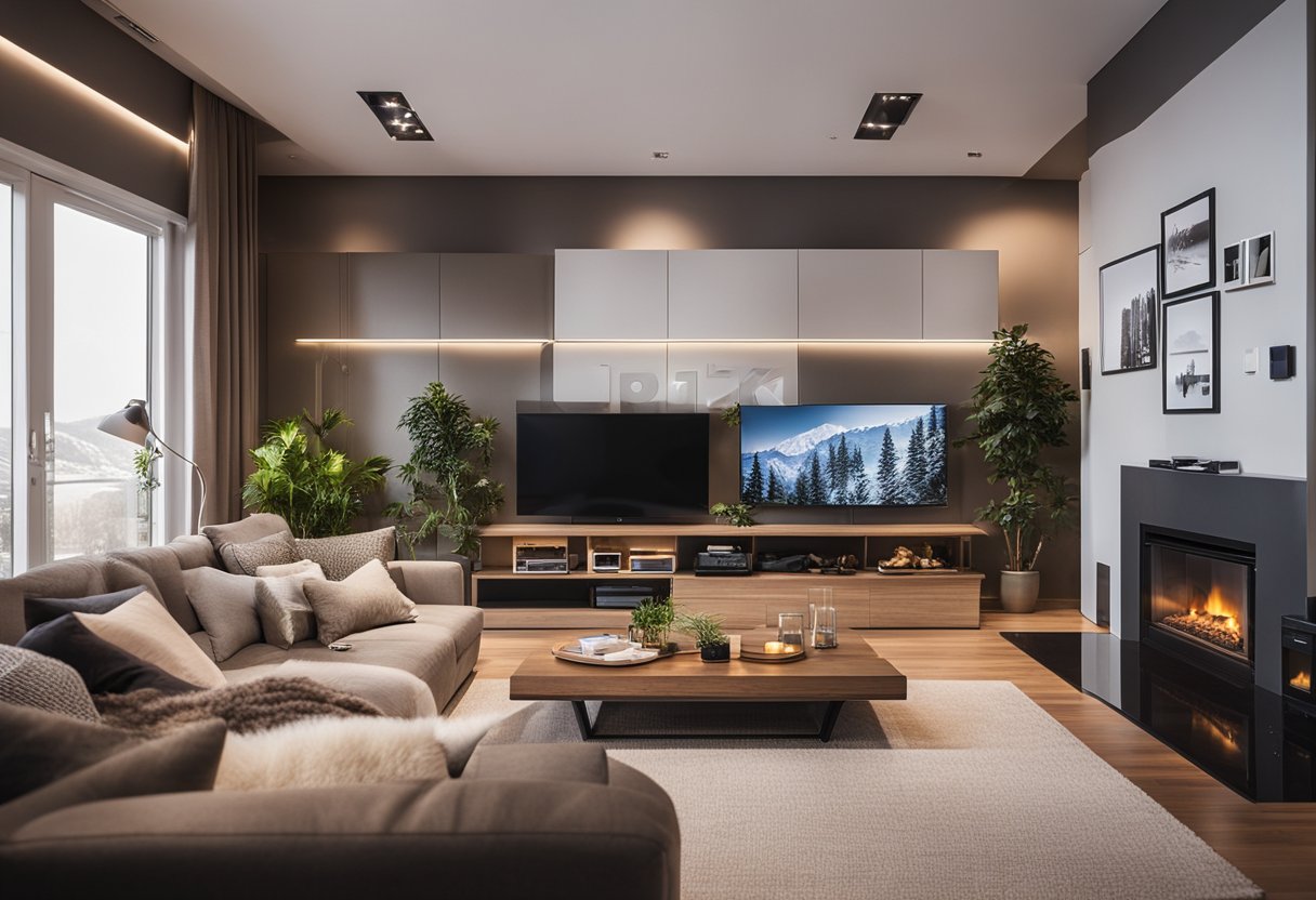 A contemporary living room with two large TVs