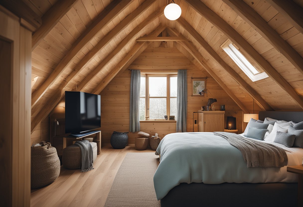 An attic room with a television set