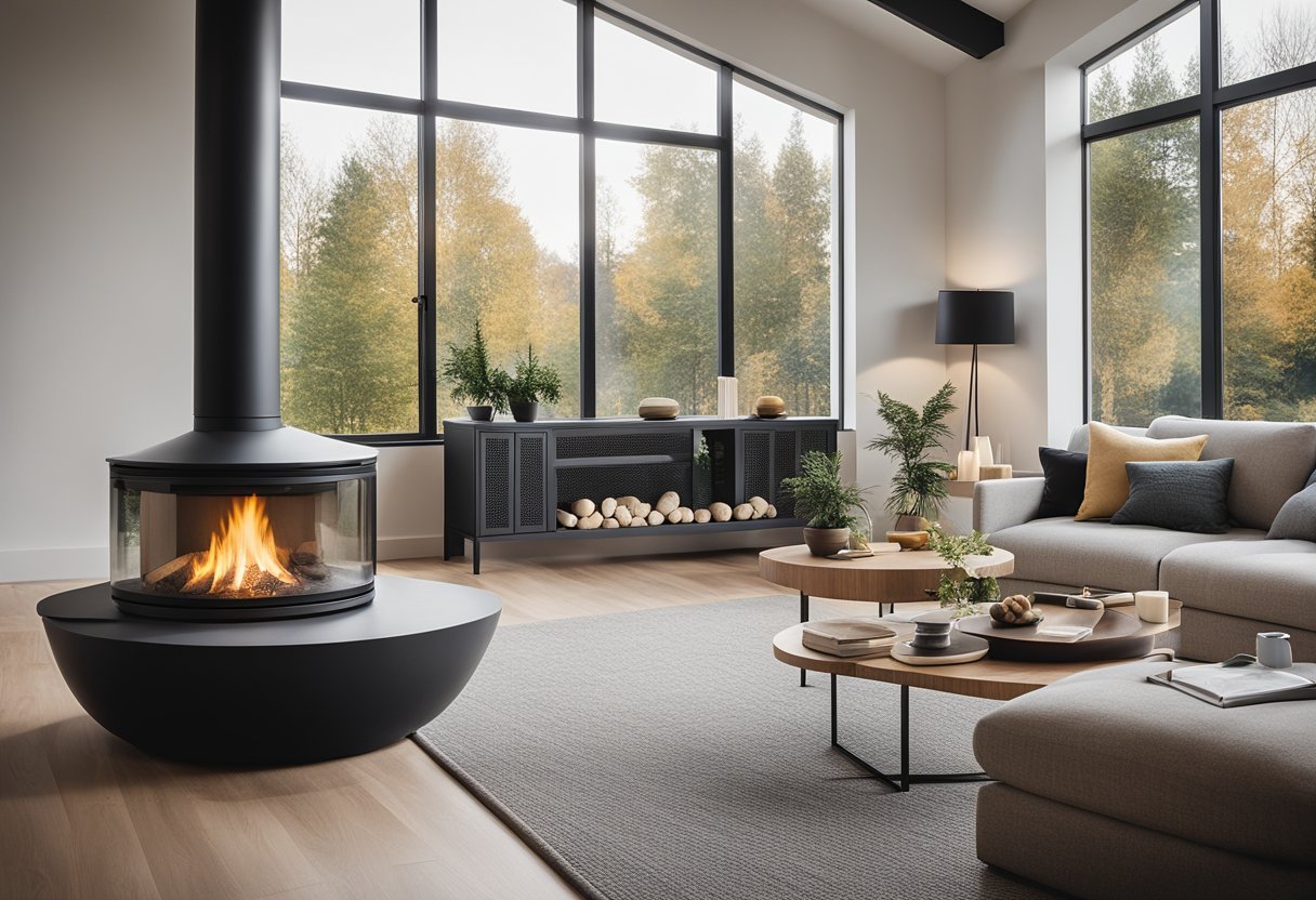A modern-looking fireplace in a sizeable living room